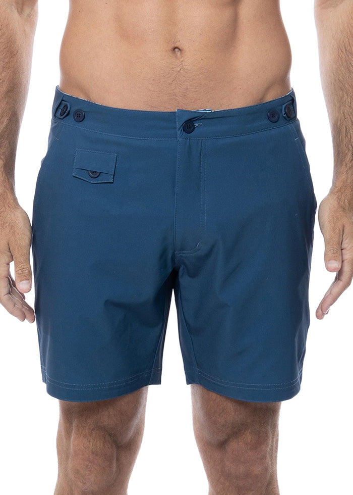 Tama Navy Mid Length Tailored Board Shorts