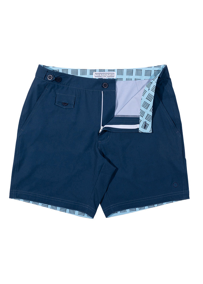 Tama Navy Mid Length Tailored Board Shorts