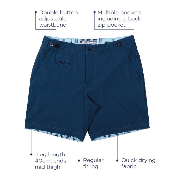 Tama Navy Mid Length Tailored Board Shorts