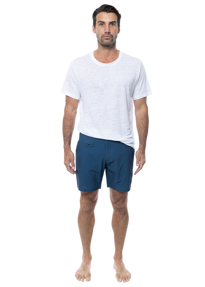 Tama Navy Mid Length Tailored Board Shorts